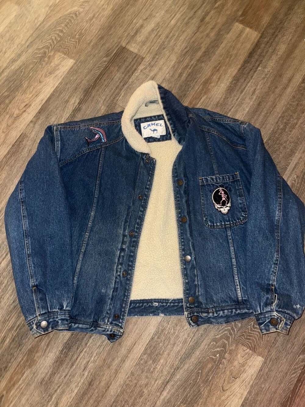 Vintage Camel Joe Sherpa Lined Denim Trucker Jacket with Grateful Dead Patches